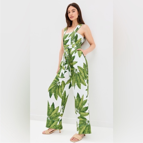 🌿 FARM Rio Palm Fan Wide Leg Jumpsuit w/ Contrast Piping Large 12 14 NWT - Picture 3 of 12